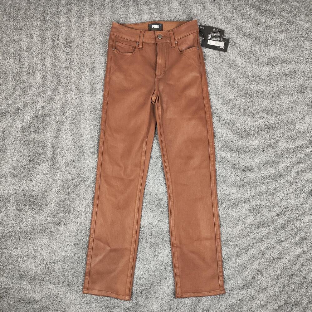 Paige Cindy Straight Jeans Womens 24 Brown High Rise Slim Stretch Coated Denim